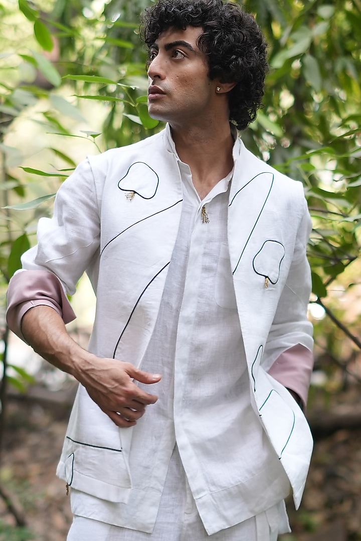 White Cotton Linen Patchwork Shacket Set by Jatin Malik at Pernia's Pop Up Shop