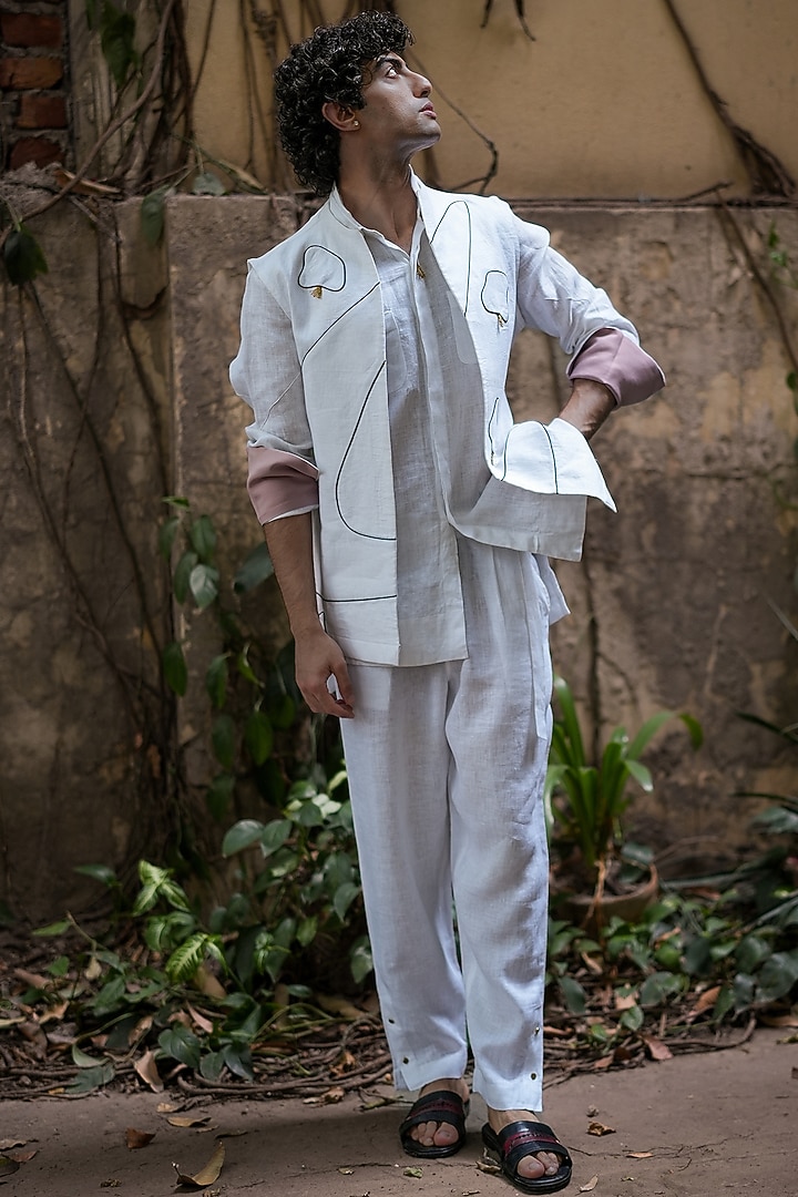 White Cotton Linen Patchwork Shacket Set by Jatin Malik at Pernia's Pop Up Shop