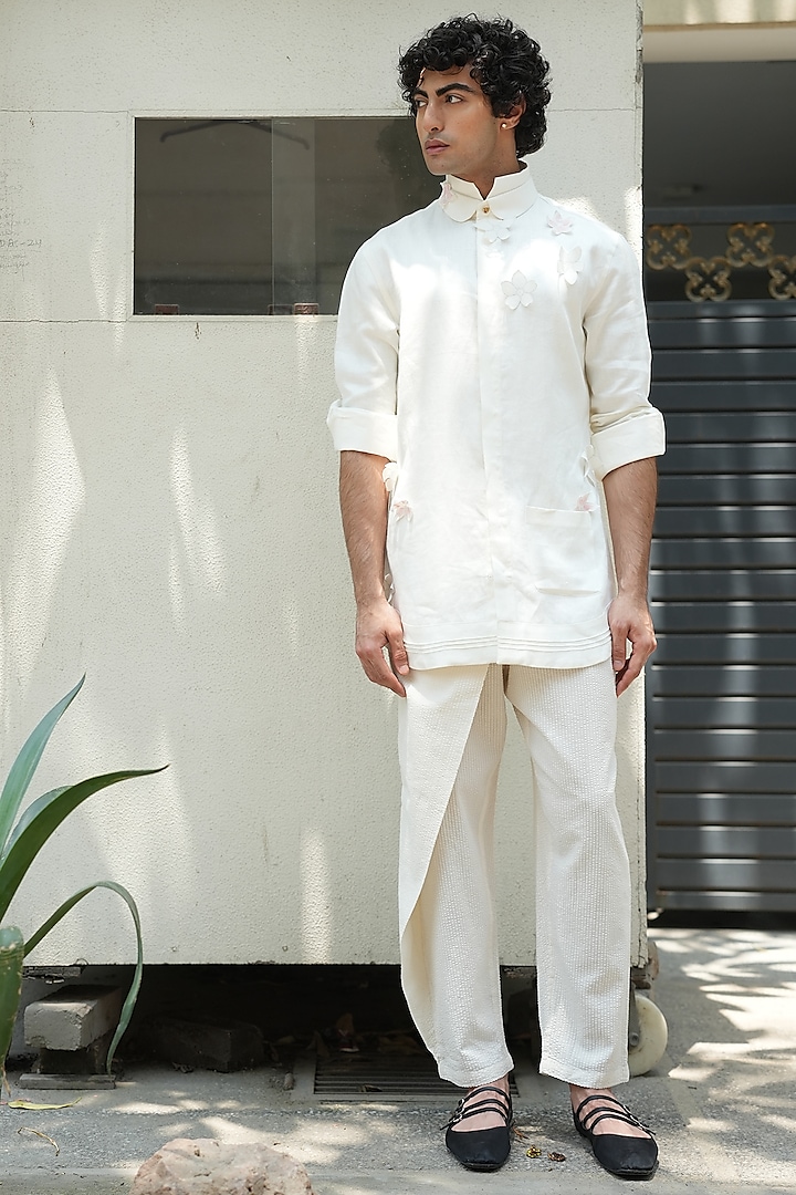 White Cotton Twill Floral Patch Shirt by Jatin Malik