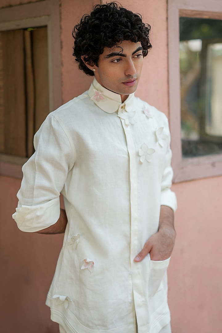 White Cotton Twill Floral Patch Wedding Shirt by Jatin Malik at Pernia's Pop Up Shop