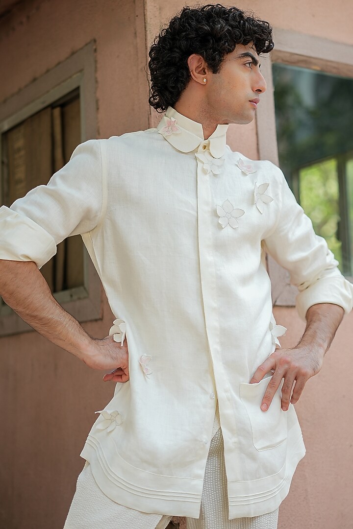 White Cotton Twill Floral Patch Wedding Shirt by Jatin Malik at Pernia's Pop Up Shop