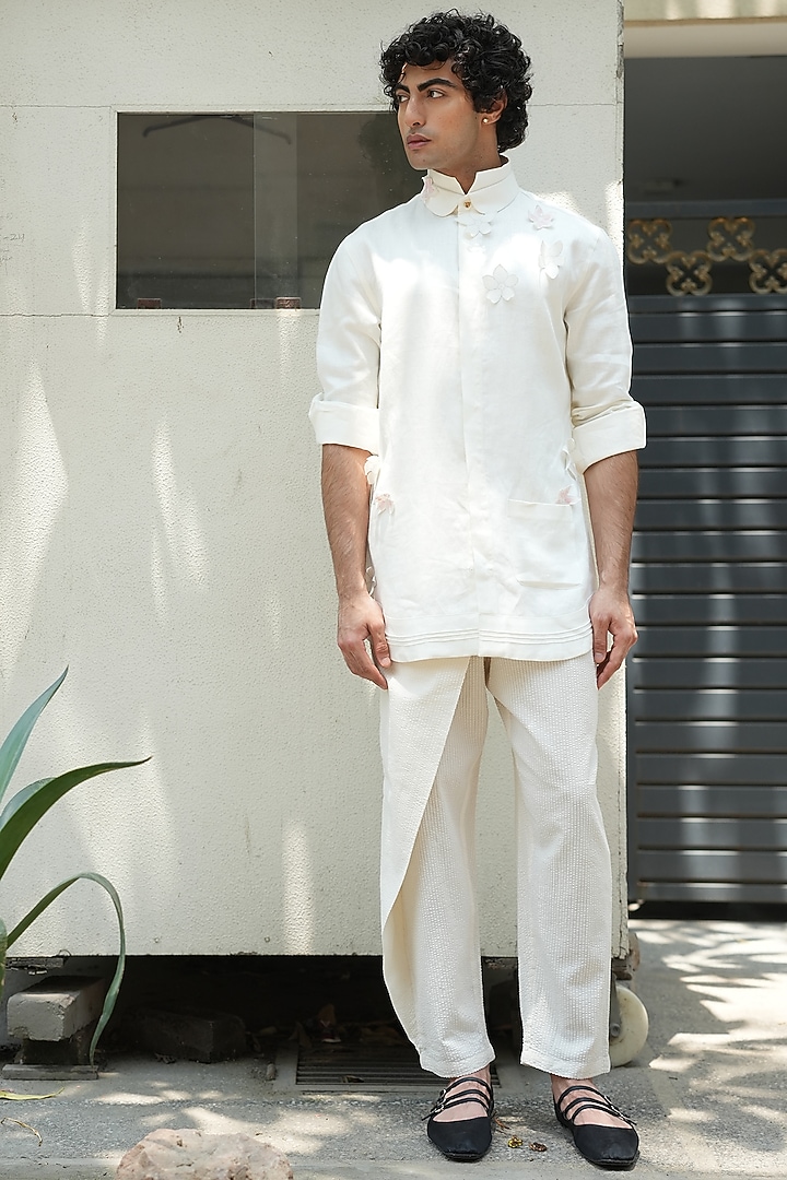 Ivory Textured Fabric Side Flap Trousers by Jatin Malik at Pernia's Pop Up Shop