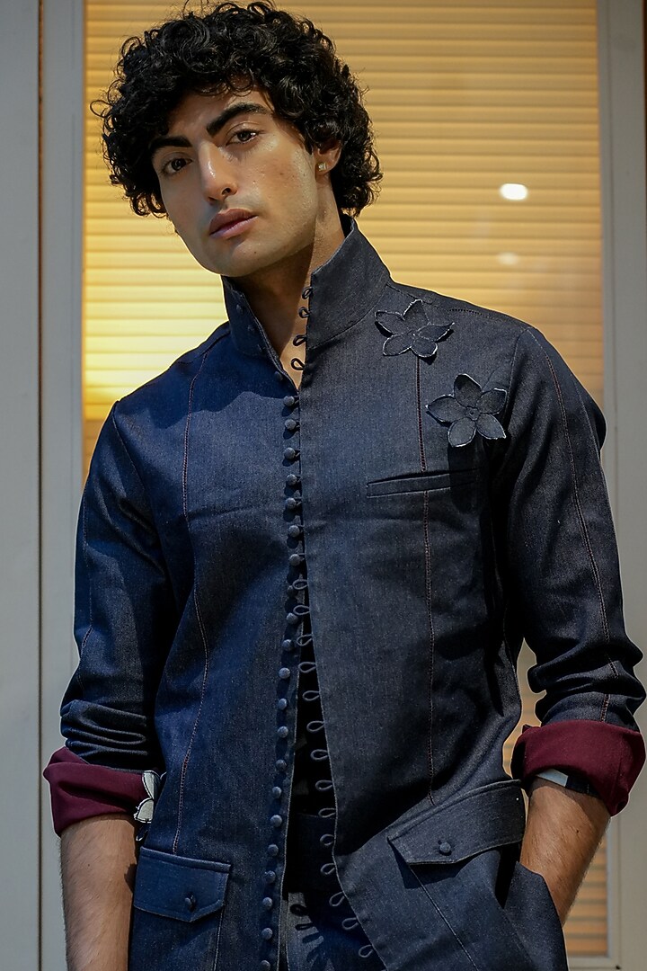 Midnight Blue Denim OverWedding Shirt by Jatin Malik at Pernia's Pop Up Shop