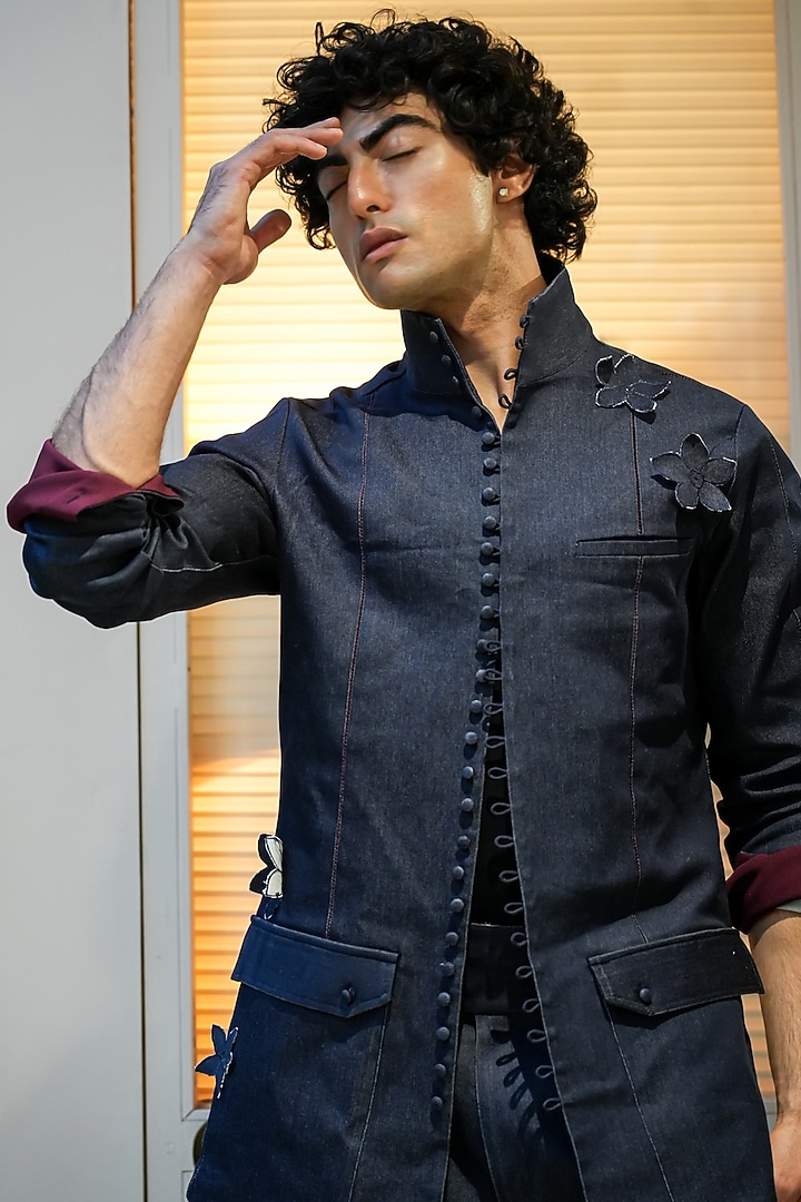 Midnight Blue Denim OverWedding Shirt by Jatin Malik at Pernia's Pop Up Shop