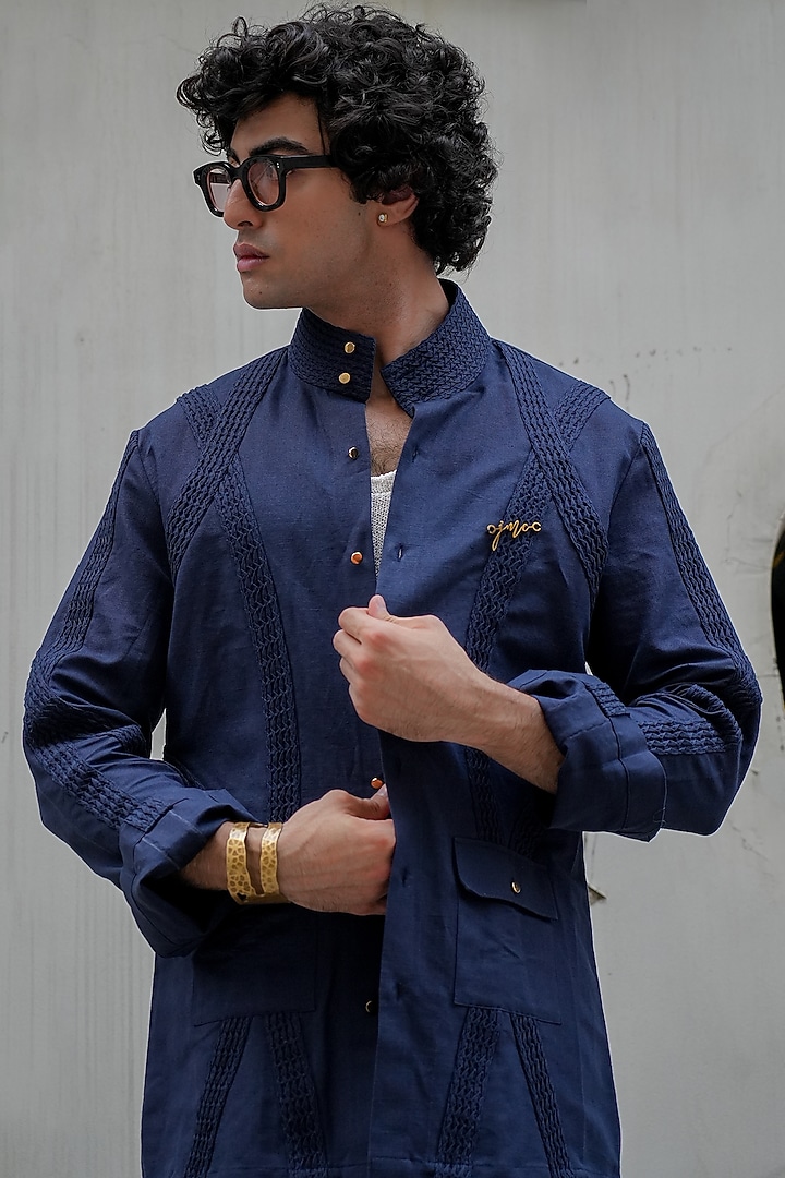 Midnight Blue Cotton Linen Pintuck OverWedding Shirt by Jatin Malik at Pernia's Pop Up Shop