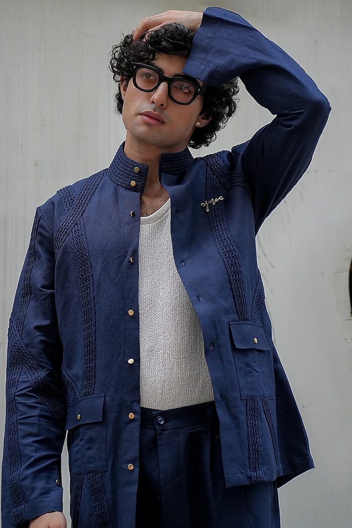 Midnight Blue Cotton Linen Pintuck OverWedding Shirt by Jatin Malik at Pernia's Pop Up Shop