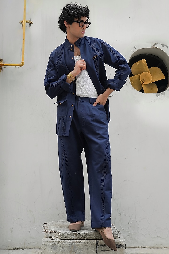 Midnight Blue Cotton Linen Pant Set by Jatin Malik