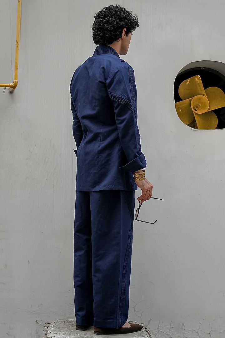 Midnight Blue Cotton Linen Pant Set by Jatin Malik at Pernia's Pop Up Shop
