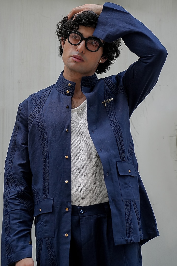 Midnight Blue Cotton Linen Pant Set by Jatin Malik at Pernia's Pop Up Shop