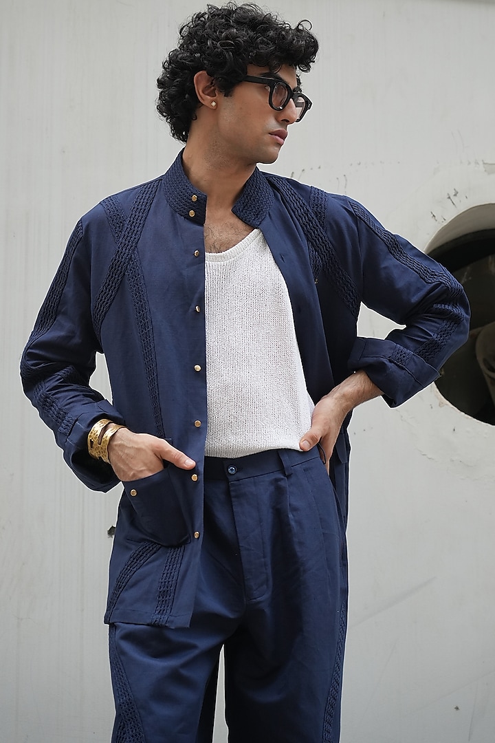Midnight Blue Cotton Linen Pant Set by Jatin Malik at Pernia's Pop Up Shop