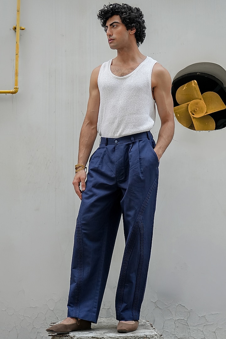 Midnight Blue Cotton Linen Pintuck Trousers by Jatin Malik