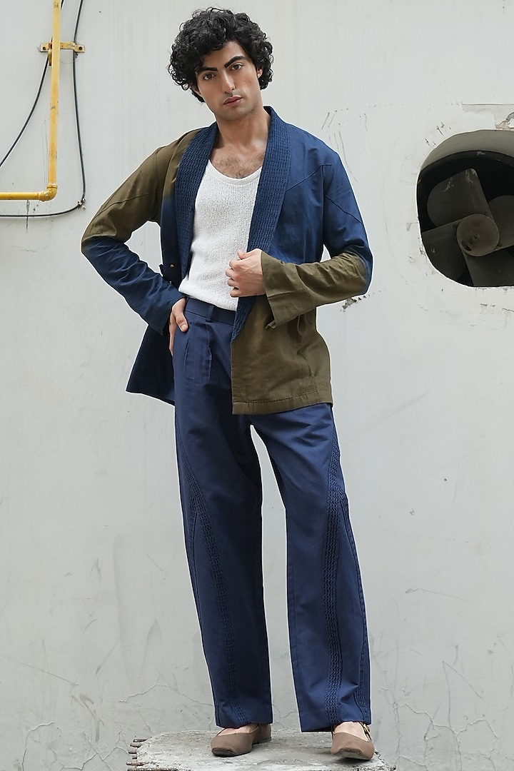 Midnight Blue Cotton Linen Pintuck Trousers by Jatin Malik at Pernia's Pop Up Shop