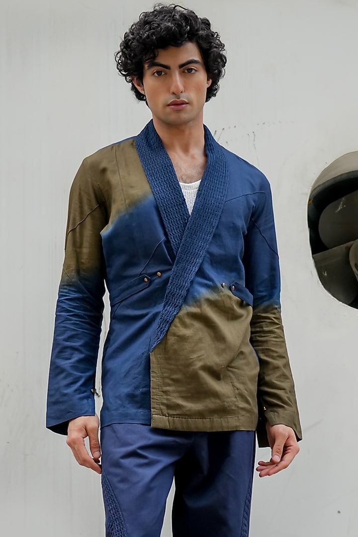 Teal & Olive Ombre Slub Silk Draped Shacket by Jatin Malik at Pernia's Pop Up Shop