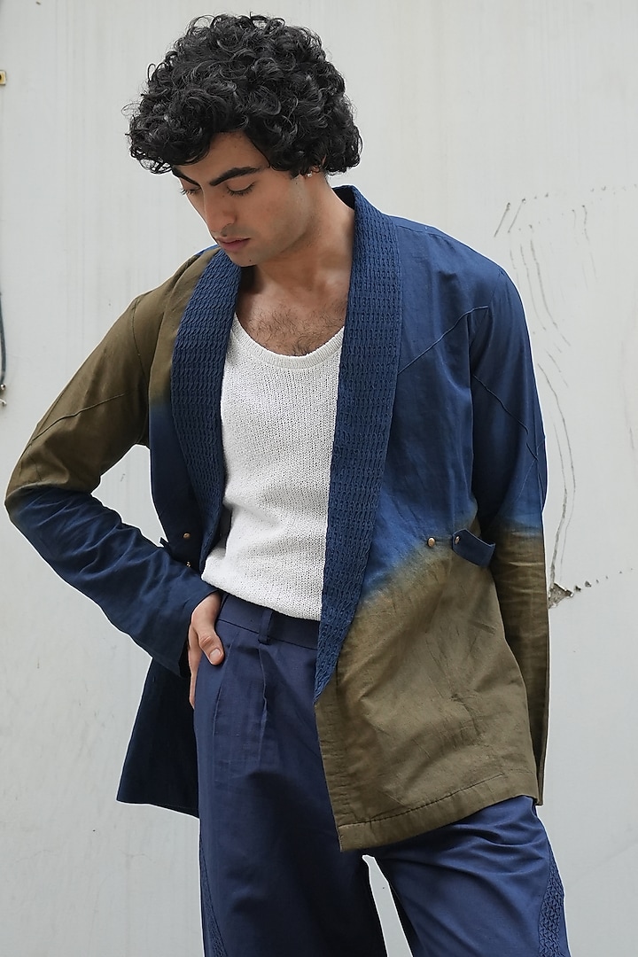 Teal & Olive Sub Silk Draped Shacket Set by Jatin Malik at Pernia's Pop Up Shop