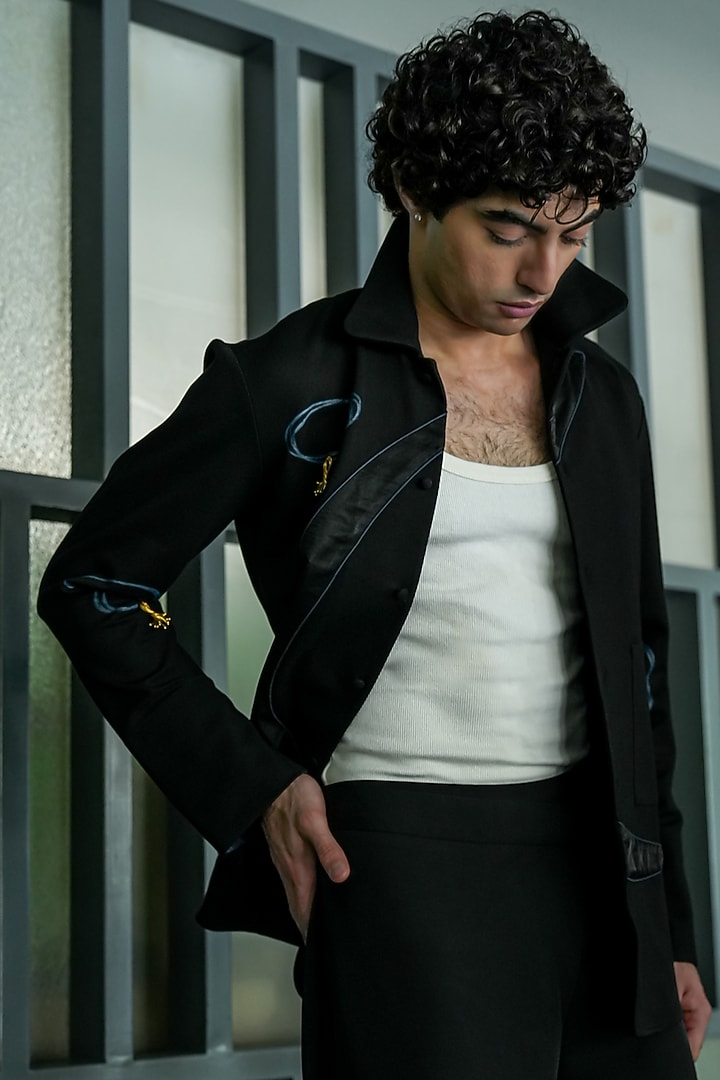 Black Pointe De Roma Abstract Patchwork Shacket by Jatin Malik at Pernia's Pop Up Shop