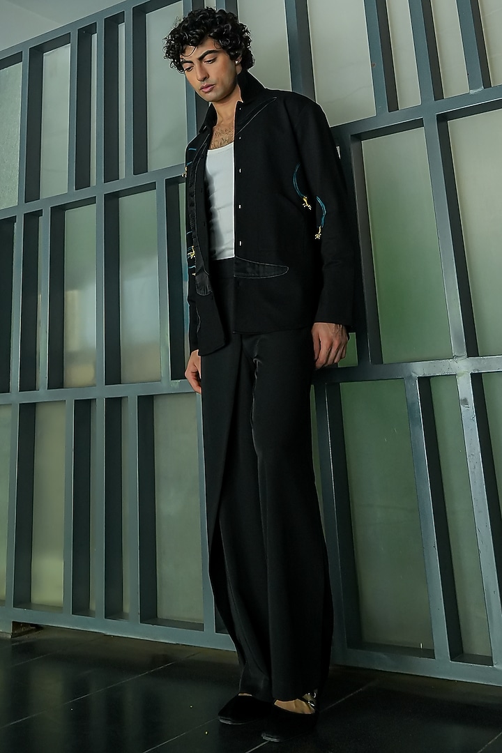 Black Pointe De Roma Patchwork Shacket Set by Jatin Malik at Pernia's Pop Up Shop