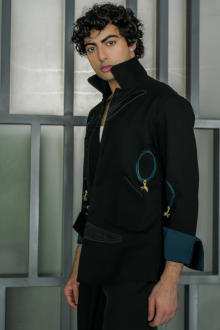Black Pointe De Roma Patchwork Shacket Set by Jatin Malik at Pernia's Pop Up Shop