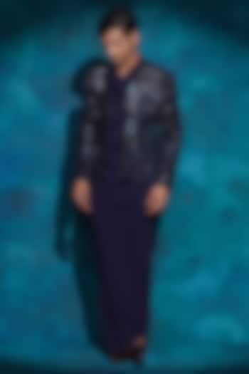 Midnight Blue Linen Silk Hand Embroidered Jacket Set by Jatin Malik at Pernia's Pop Up Shop