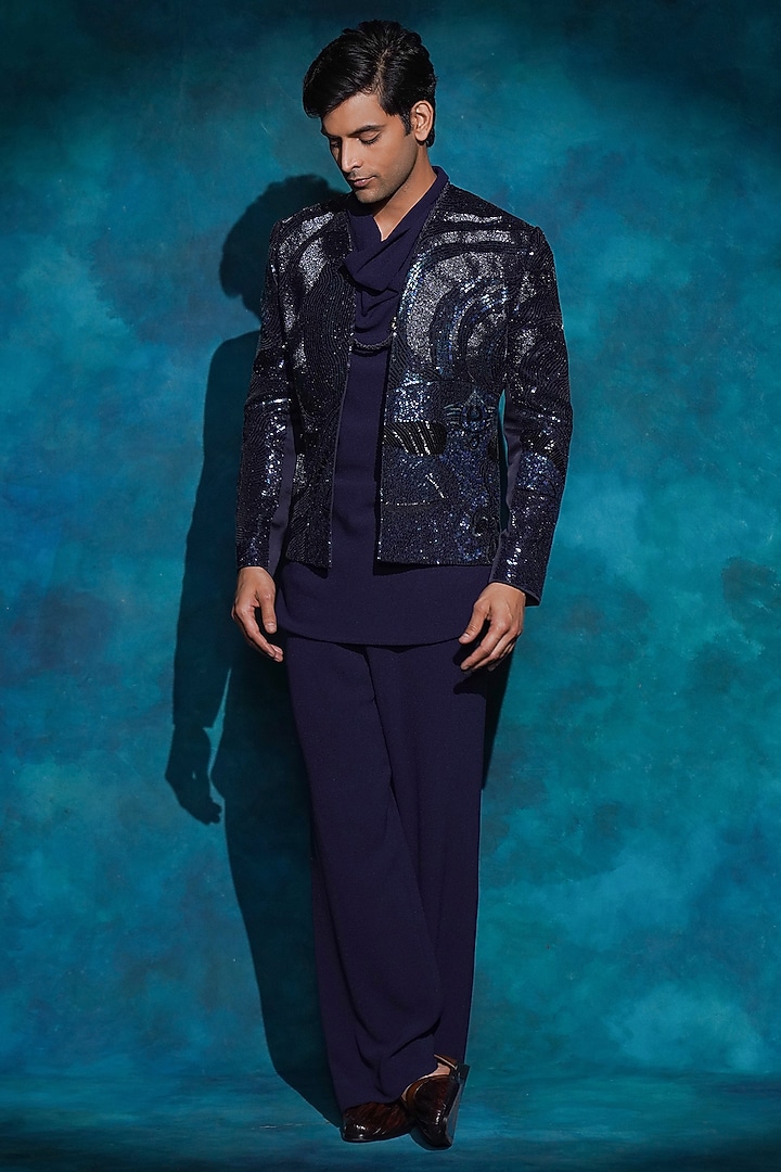 Midnight Blue Linen Silk Hand Embroidered Jacket Set by Jatin Malik at Pernia's Pop Up Shop
