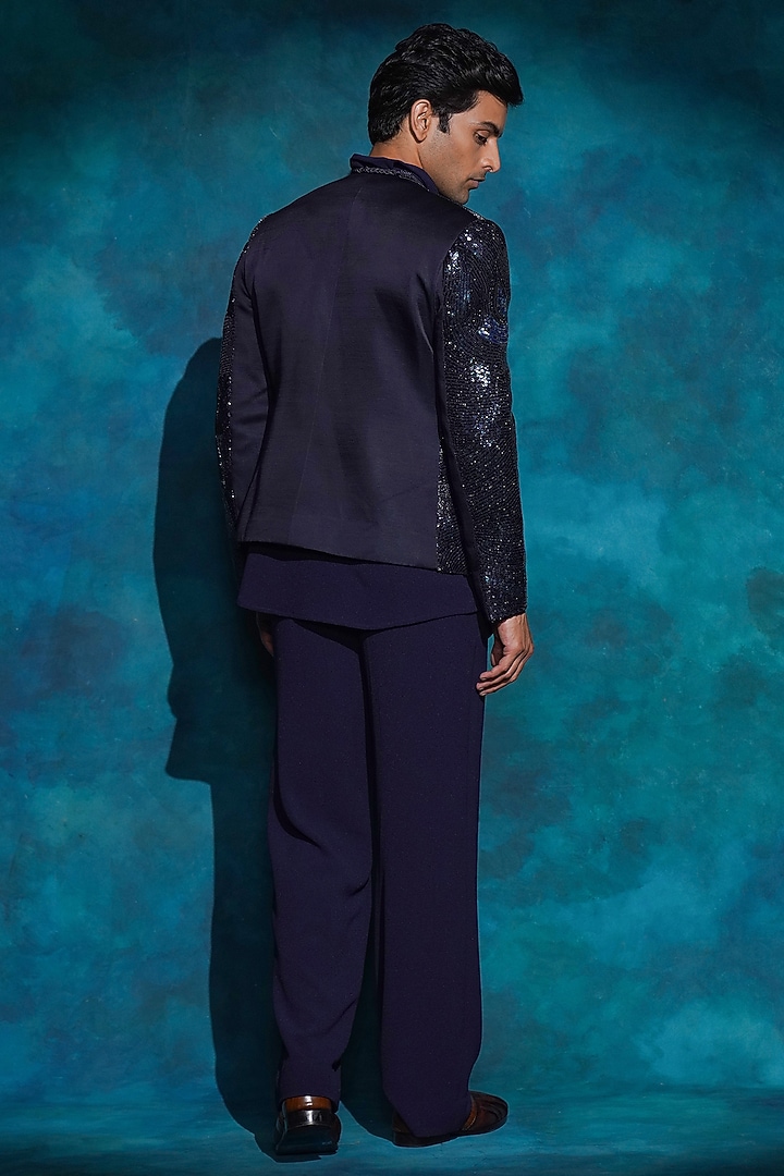 Midnight Blue Linen Silk Hand Embroidered Jacket Set by Jatin Malik at Pernia's Pop Up Shop
