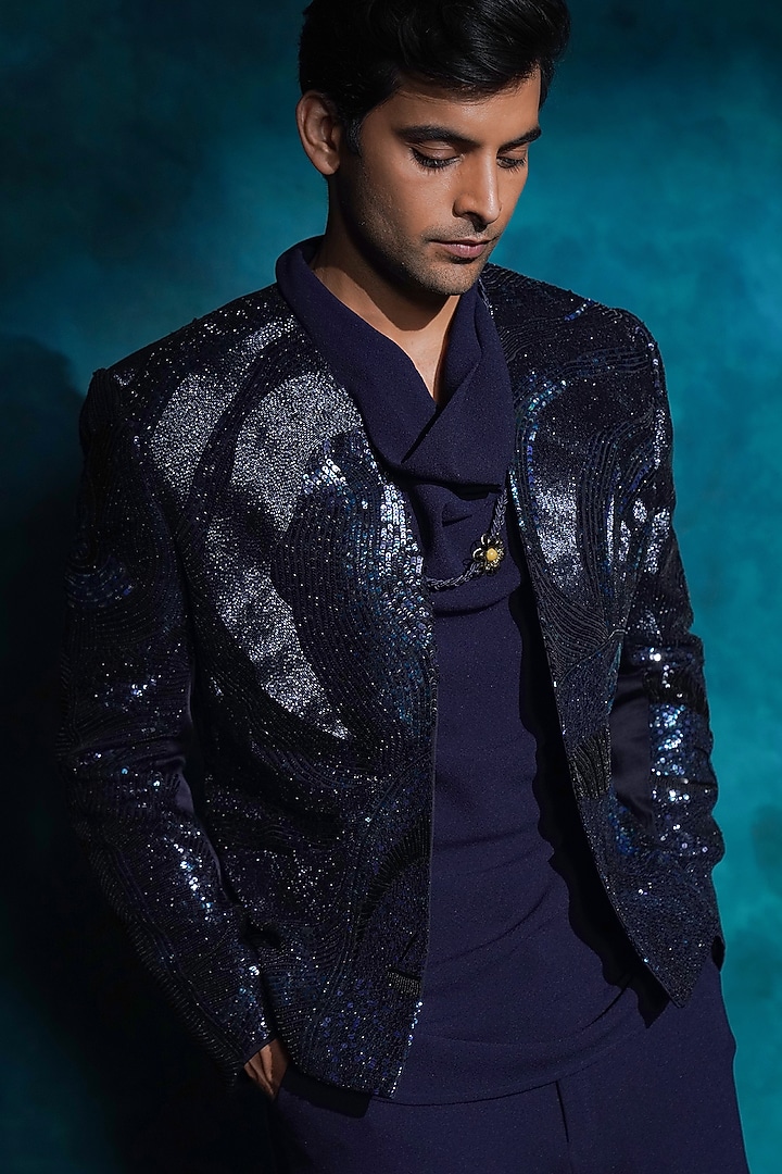 Midnight Blue Linen Silk Hand Embroidered Jacket Set by Jatin Malik at Pernia's Pop Up Shop