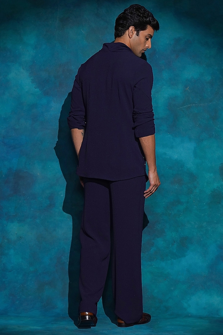 Midnight Blue Linen Silk Hand Embroidered Jacket Set by Jatin Malik at Pernia's Pop Up Shop