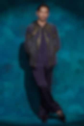 Twilight Blue Linen Silk Hand Embroidered Groom Indowestern Jacket Set by Jatin Malik at Pernia's Pop Up Shop