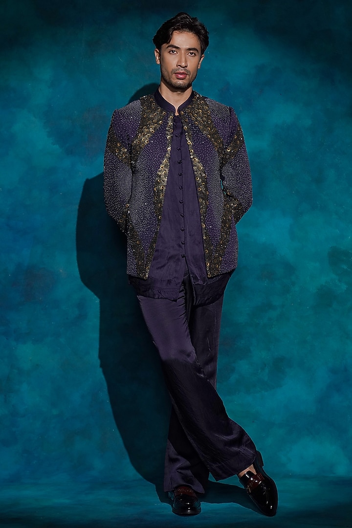 Twilight Blue Linen Silk Hand Embroidered Groom Indowestern Jacket Set by Jatin Malik at Pernia's Pop Up Shop