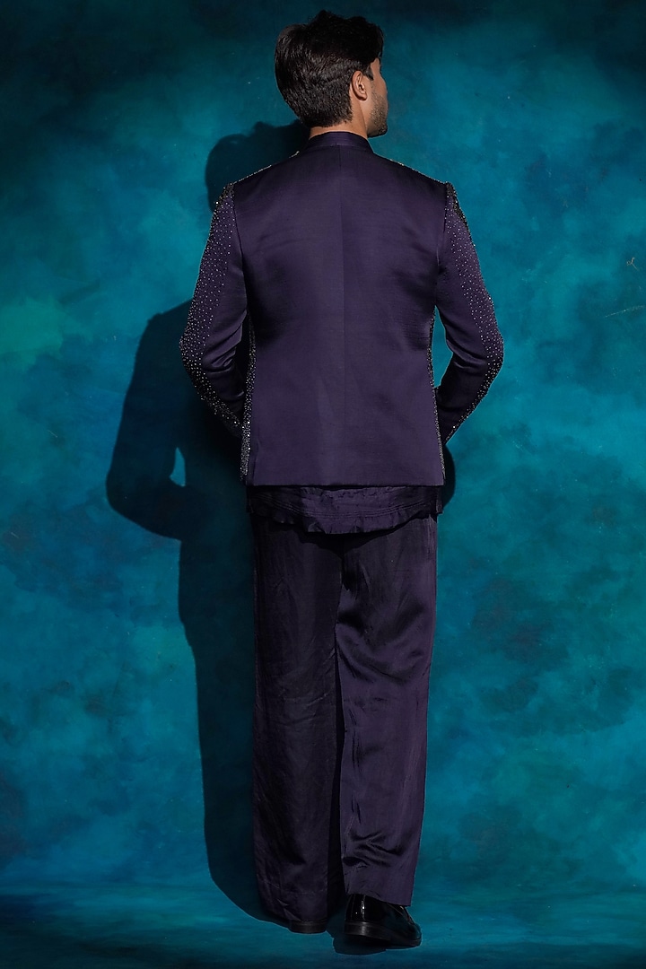 Twilight Blue Linen Silk Hand Embroidered Groom Indowestern Jacket Set by Jatin Malik at Pernia's Pop Up Shop