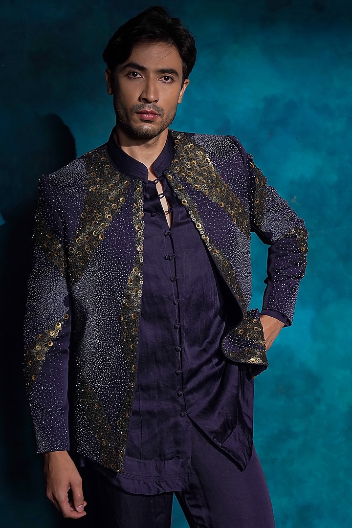 Twilight Blue Linen Silk Hand Embroidered Groom Indowestern Jacket Set by Jatin Malik at Pernia's Pop Up Shop