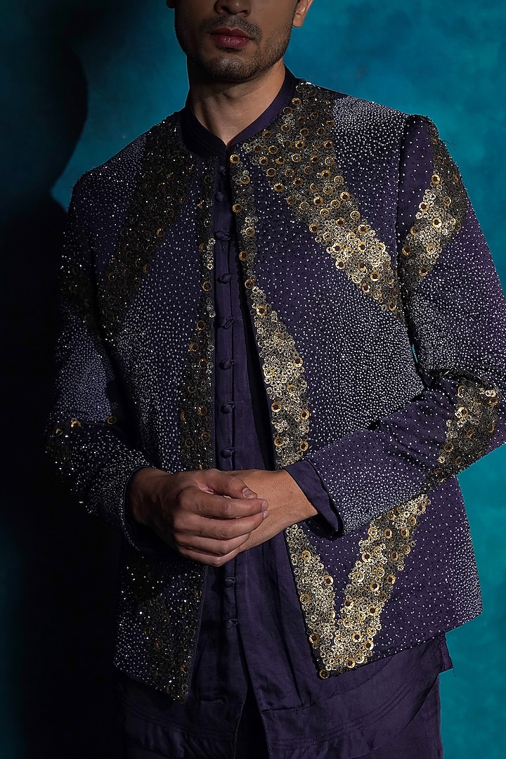 Twilight Blue Linen Silk Hand Embroidered Groom Indowestern Jacket Set by Jatin Malik at Pernia's Pop Up Shop