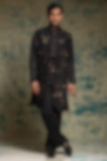 Black Linen Silk Embroidered Groom Indowestern Jacket Set by Jatin Malik at Pernia's Pop Up Shop
