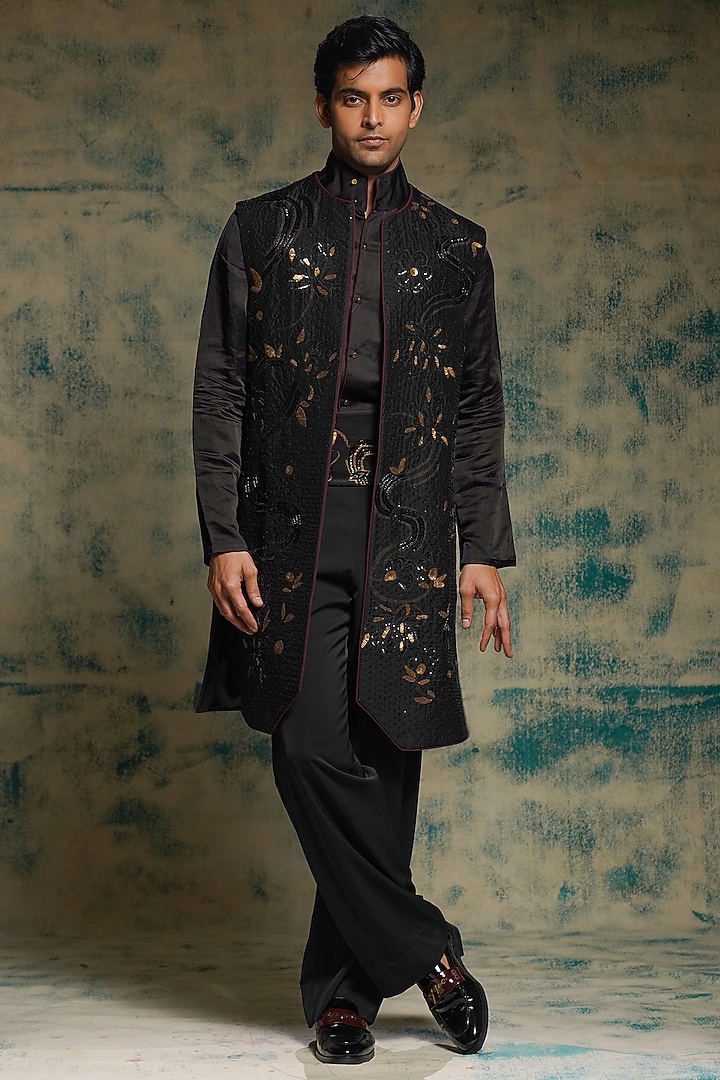 Black Linen Silk Embroidered Groom Indowestern Jacket Set by Jatin Malik at Pernia's Pop Up Shop