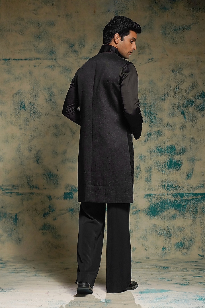 Black Linen Silk Embroidered Groom Indowestern Jacket Set by Jatin Malik at Pernia's Pop Up Shop
