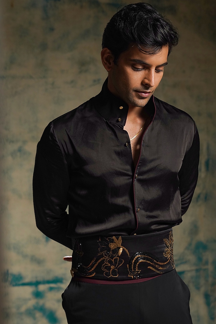 Black Linen Silk Embroidered Groom Indowestern Jacket Set by Jatin Malik at Pernia's Pop Up Shop