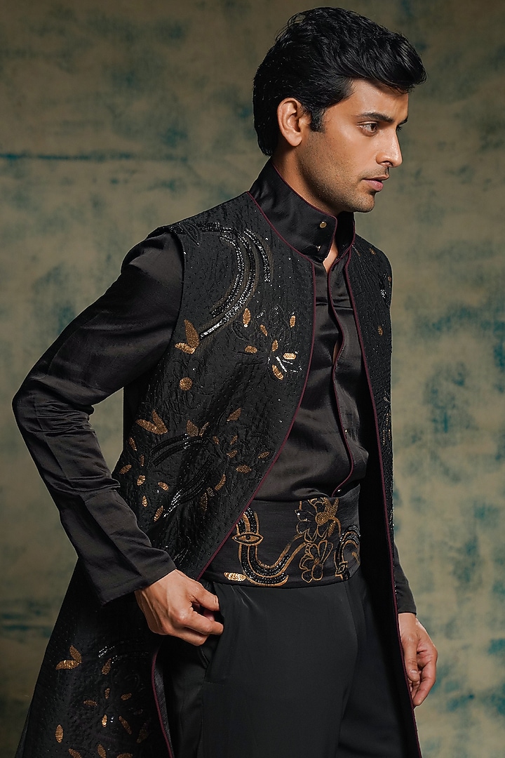 Black Linen Silk Embroidered Groom Indowestern Jacket Set by Jatin Malik at Pernia's Pop Up Shop