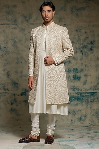 Ivory Linen Silk Zardosi Embroidered Sherwani Set by Jatin Malik