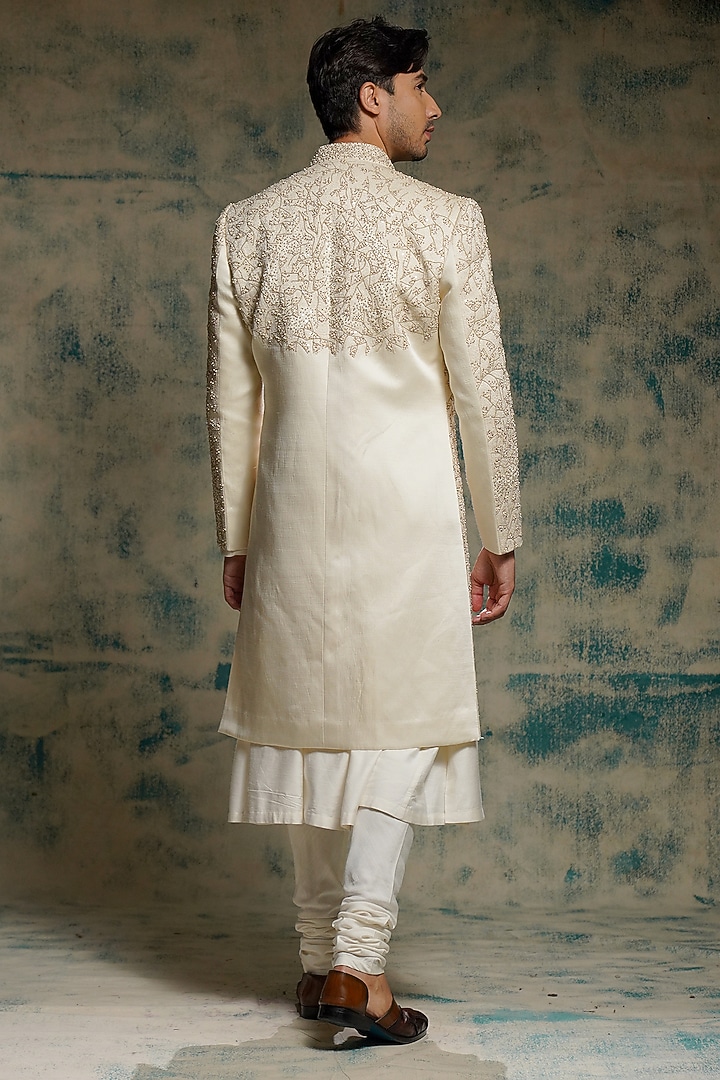 Ivory Linen Silk Zardosi Embroidered Groom Sherwani Set by Jatin Malik at Pernia's Pop Up Shop