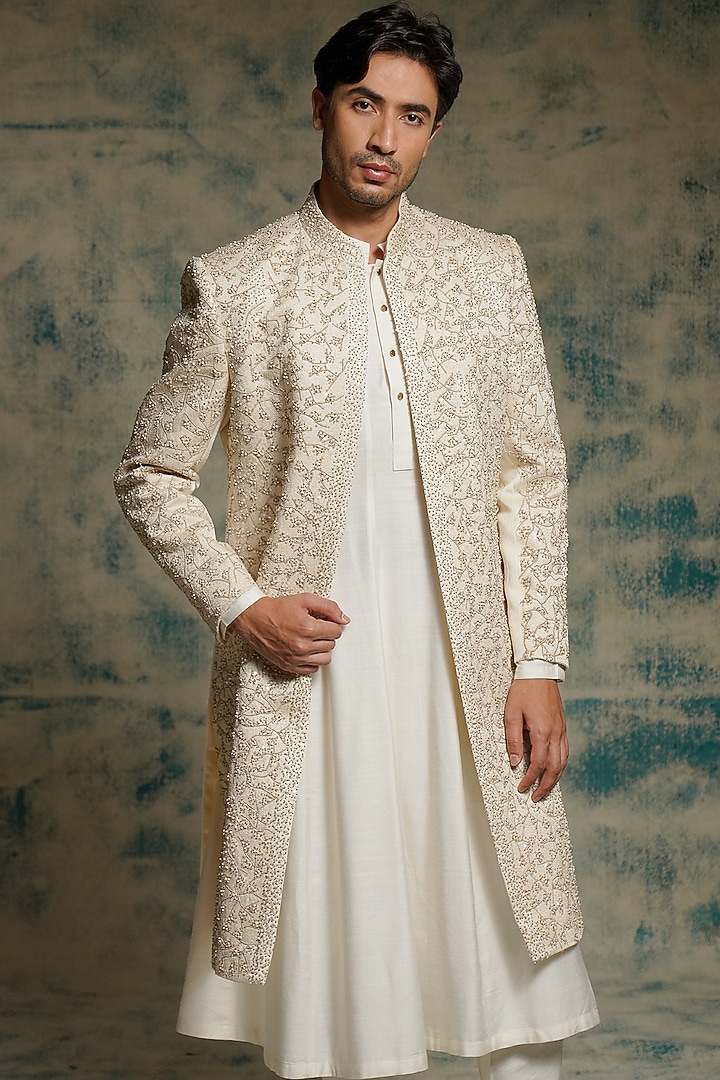 Ivory Linen Silk Zardosi Embroidered Groom Sherwani Set by Jatin Malik at Pernia's Pop Up Shop