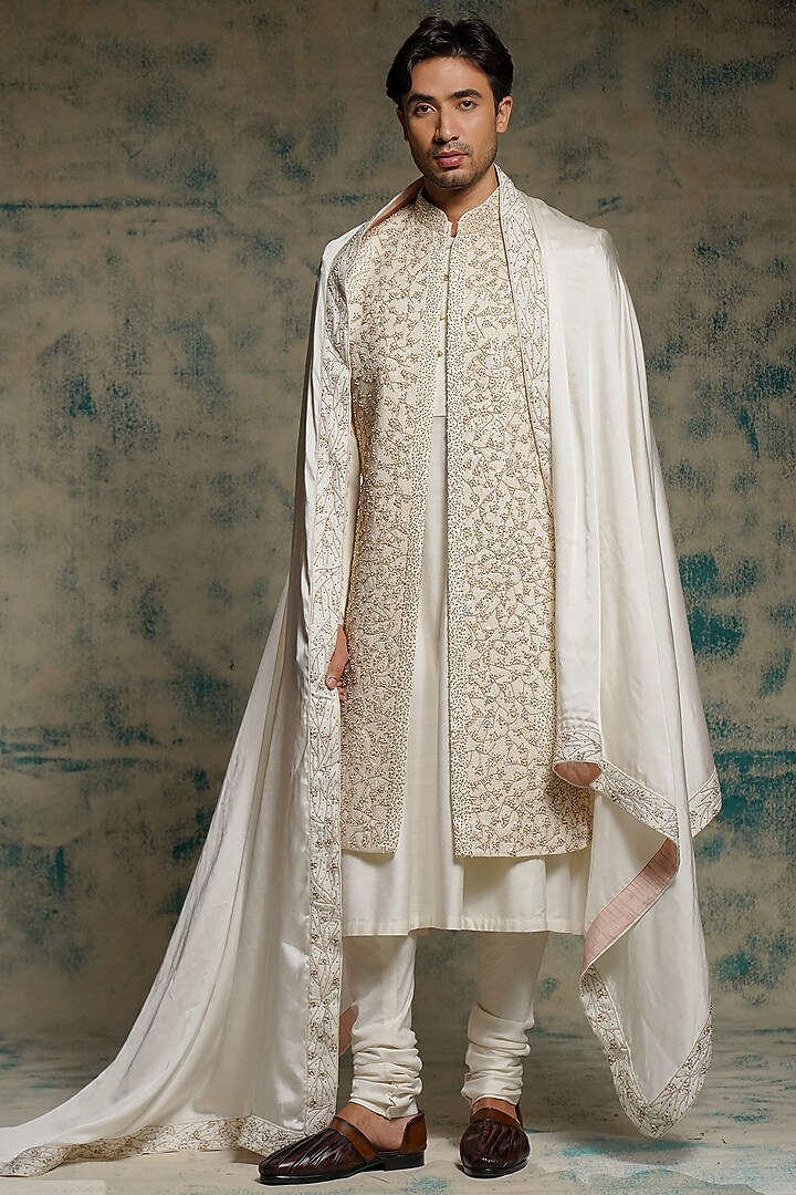 Ivory Linen Silk Zardosi Embroidered Groom Sherwani Set by Jatin Malik at Pernia's Pop Up Shop