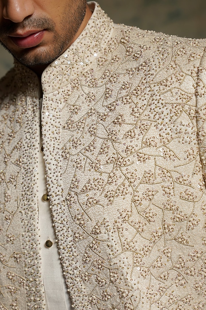 Ivory Linen Silk Zardosi Embroidered Groom Sherwani Set by Jatin Malik at Pernia's Pop Up Shop