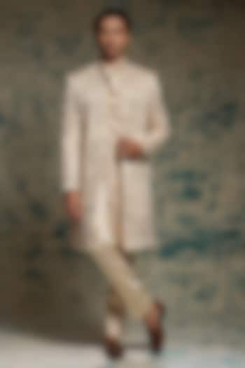 Butter Cream Linen Silk Hand Embroidered Jacket Set by Jatin Malik at Pernia's Pop Up Shop