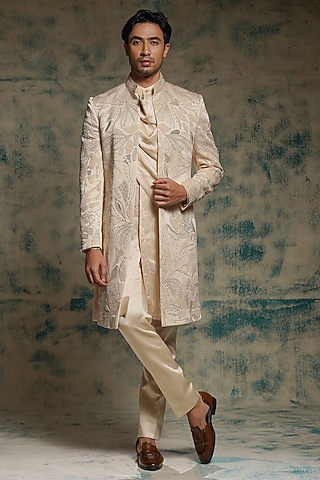 Butter Cream Linen Silk Hand Embroidered Jacket Set by Jatin Malik