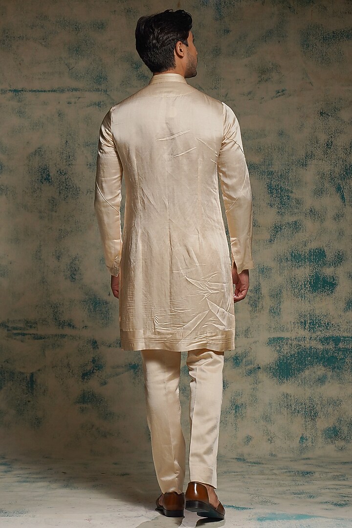 Butter Cream Linen Silk Hand Embroidered Jacket Set by Jatin Malik at Pernia's Pop Up Shop