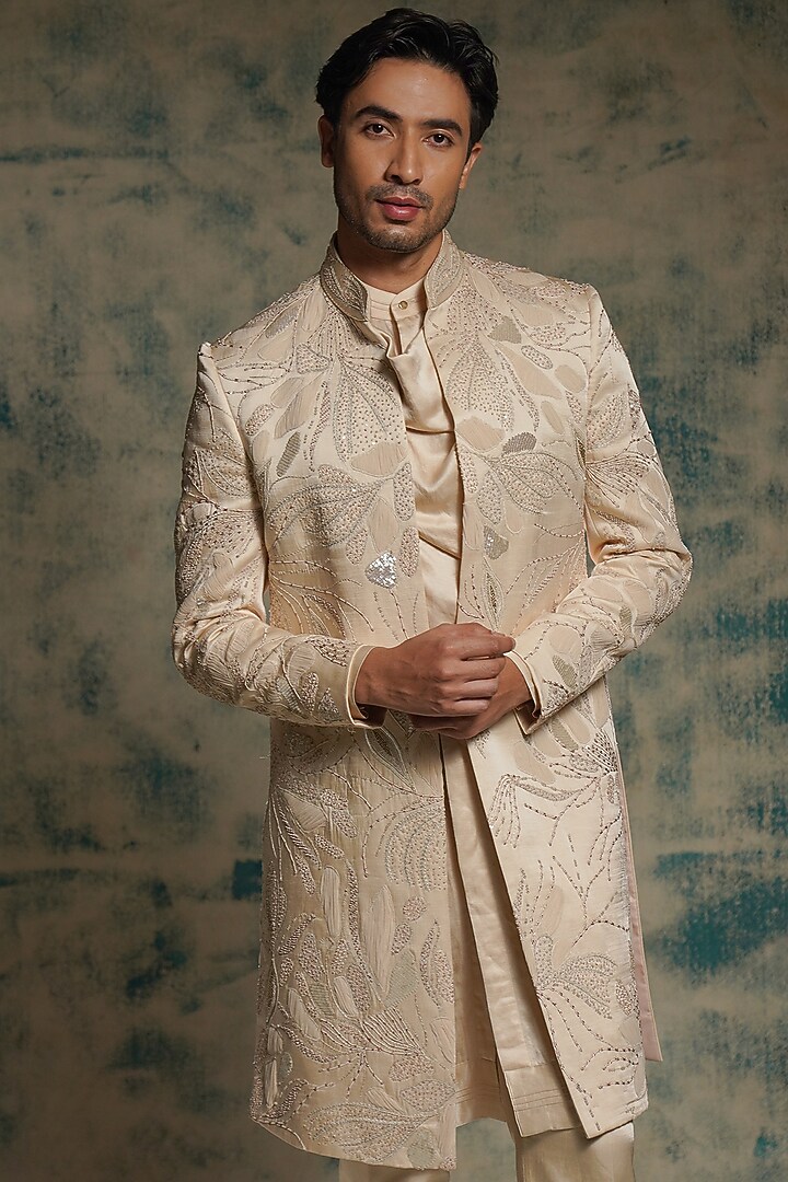 Butter Cream Linen Silk Hand Embroidered Jacket Set by Jatin Malik at Pernia's Pop Up Shop