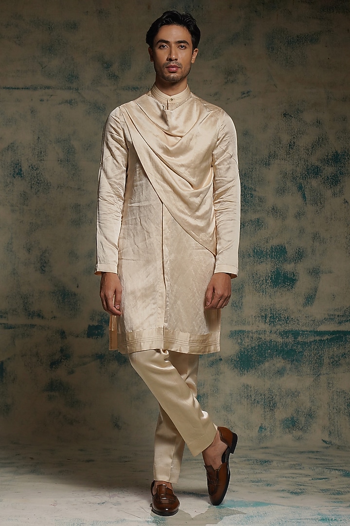 Butter Cream Linen Silk Hand Embroidered Jacket Set by Jatin Malik at Pernia's Pop Up Shop