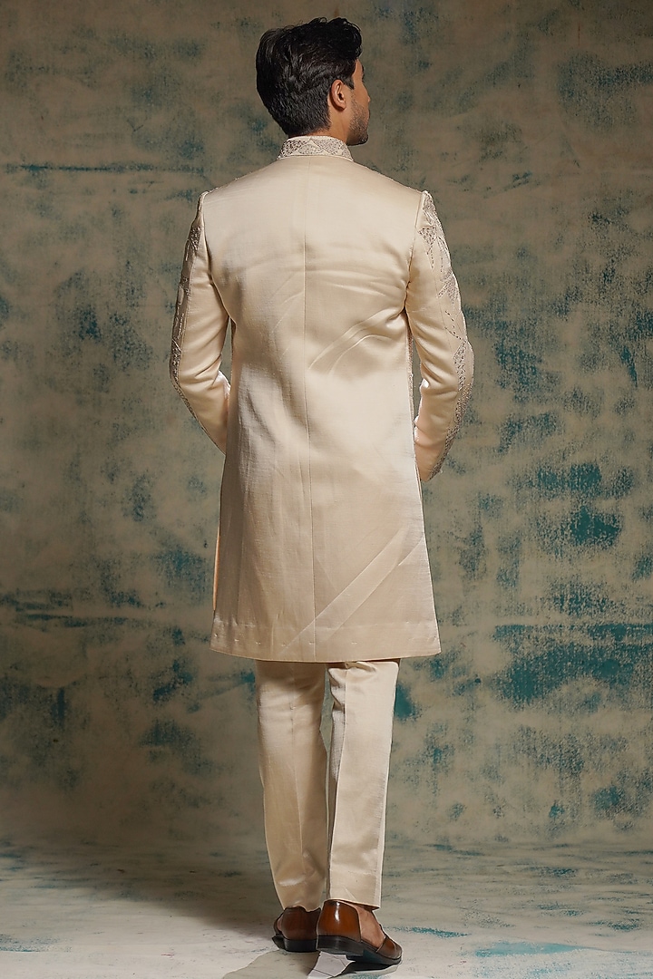 Butter Cream Linen Silk Hand Embroidered Jacket Set by Jatin Malik at Pernia's Pop Up Shop