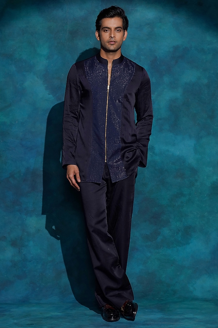Midnight Blue Linen Silk Hand Embroidered Blazer Set by Jatin Malik