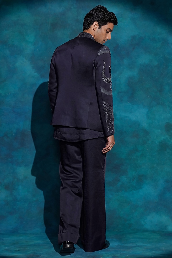 Midnight Blue Linen Silk Hand Embroidered Blazer Set by Jatin Malik at Pernia's Pop Up Shop