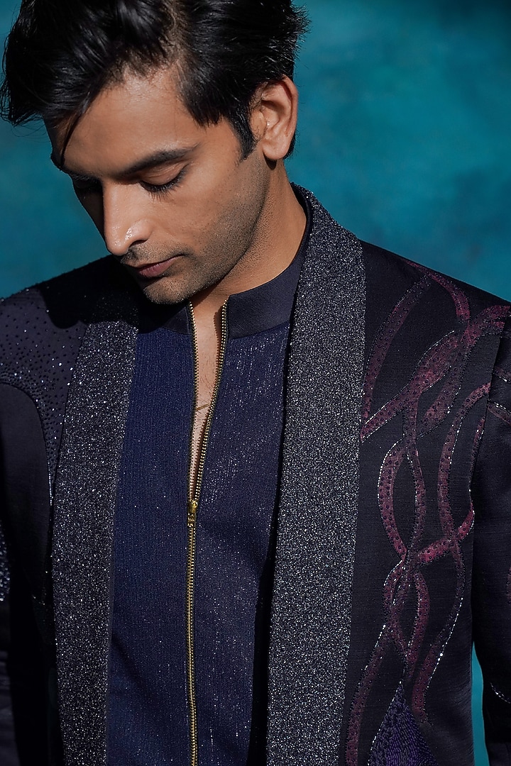 Midnight Blue Linen Silk Hand Embroidered Blazer Set by Jatin Malik at Pernia's Pop Up Shop